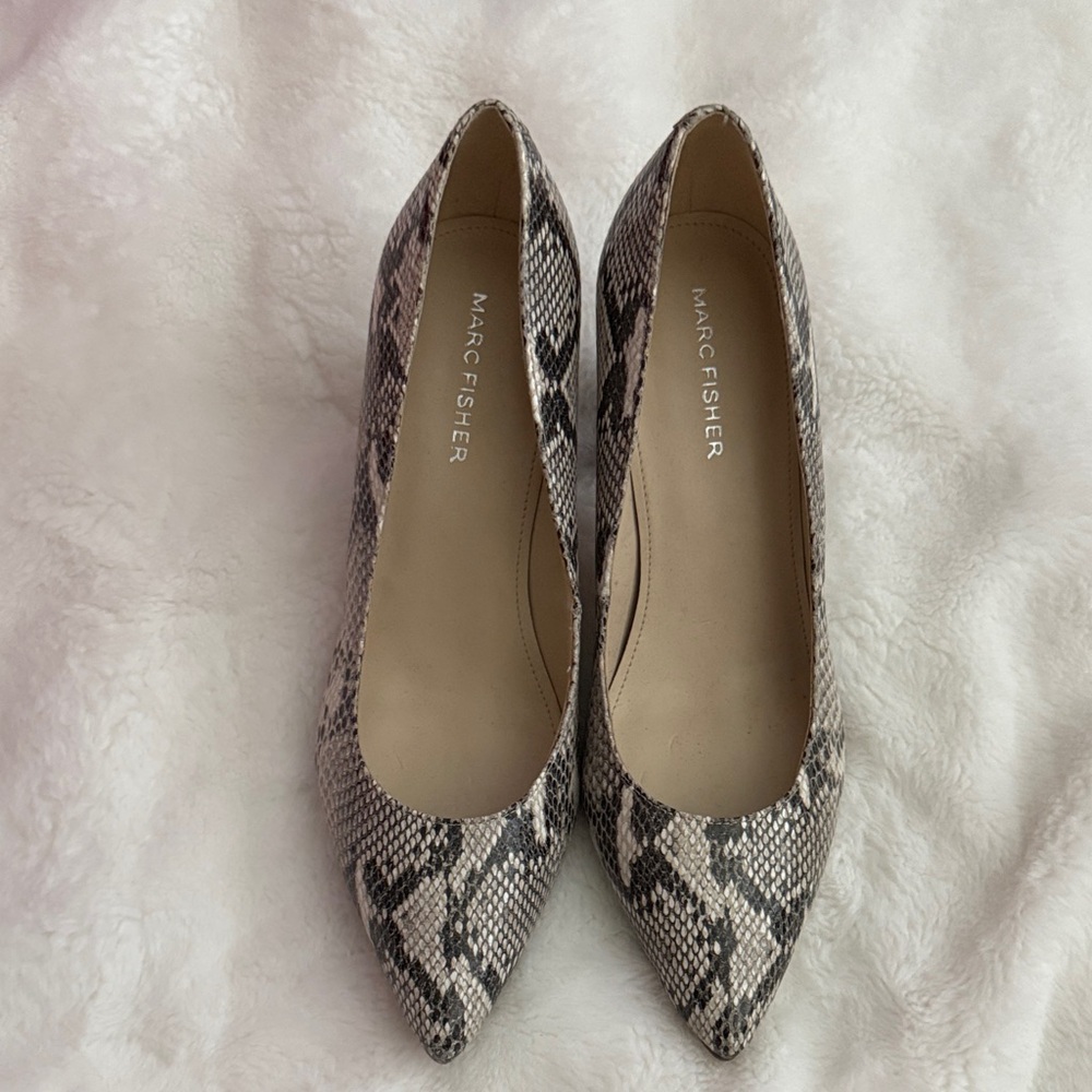 Marc Fisher Black and Cream Snake Print Heels